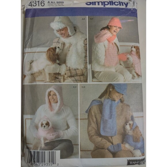 5/$25 Simplicity 4316 Sew Pattern Fleece Hats Ear Flap Mitten Scarf Dog Coat - Picture 4 of 4